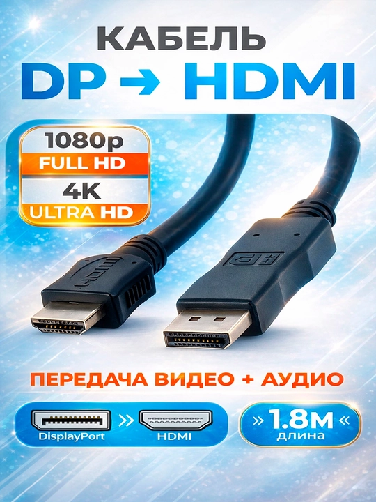Kabel Display Port - HDMI, FullHD, 2К, 4К, 1.8 m - 
