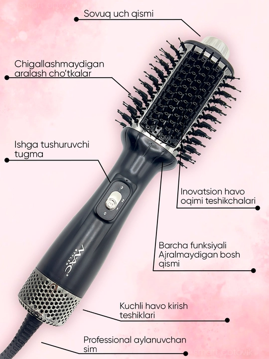 Fen-taroq MAC Styler, ayollar uchun, soch quritgich va turmaklash cho‘tkasi