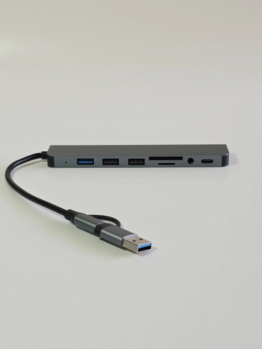 USB-C HUB 8 tasi 1 da, USB 3.0 adapter, TF SD kart o‘quvchi, 3.5 mm audio, alyuminiy