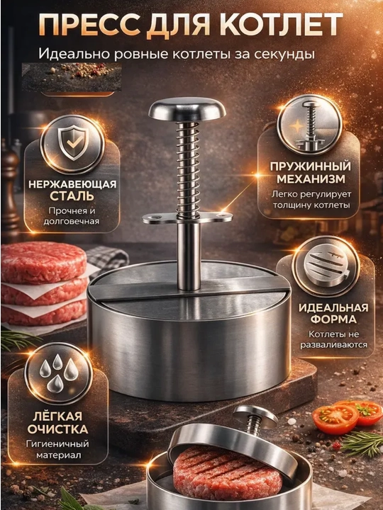 Пресс для бургеров, котлет и сырников, 8 см, нержавеющая сталь - 