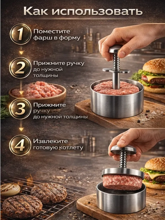 Пресс для бургеров, котлет и сырников, 8 см, нержавеющая сталь