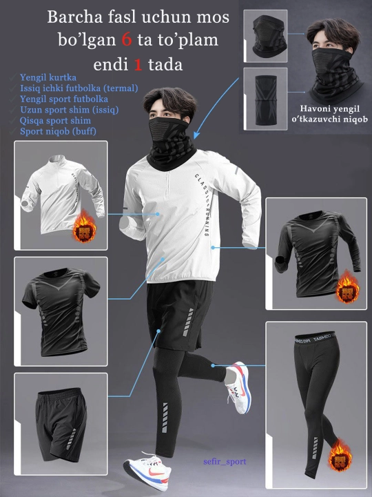 Erkaklar sport kiyimlari to‘plami 6 tasi 1da, Barcha fasl, yugurish va fitness - 