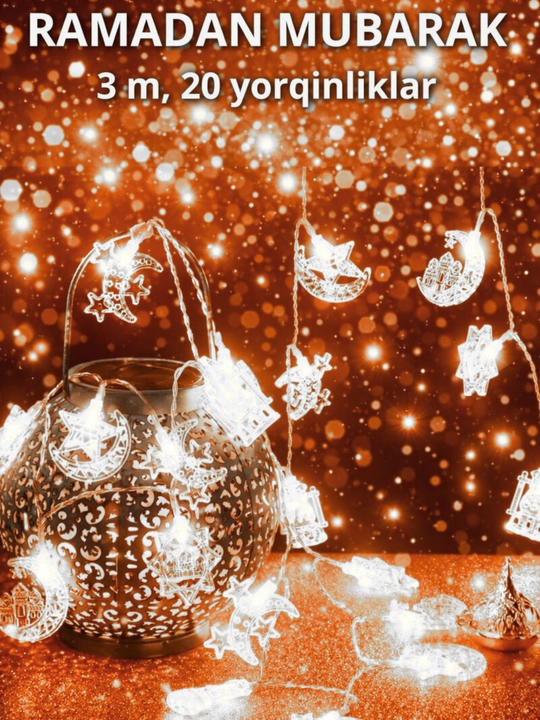 Ramazon, EID, uchun LED girlyandiya svetlari bezaklar, oy va yulduz, 3 metr.20 ta chiroq
