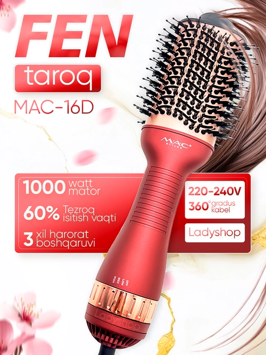 Fen-taroq MAC Styler, soch quritgich-cho‘tka, fen cho‘tka, soch turmaklagich, 3 rejim