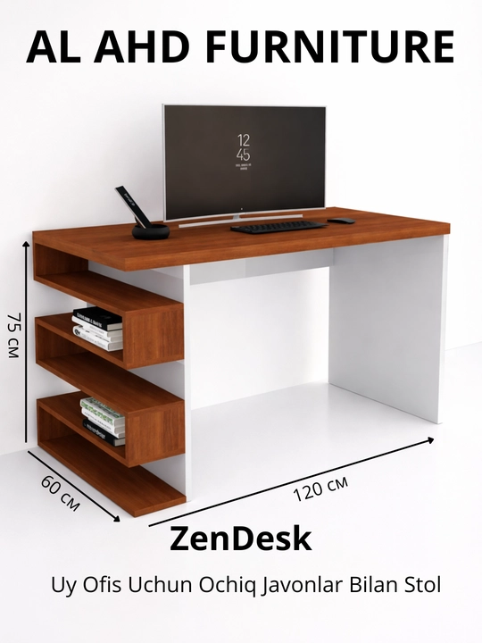 ZenDesk - uyda va ofisda ishlash uchun ochiq tokchali minimalistik kompyuter stoli - 