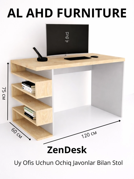 ZenDesk - uyda va ofisda ishlash uchun ochiq tokchali minimalistik kompyuter stoli - 