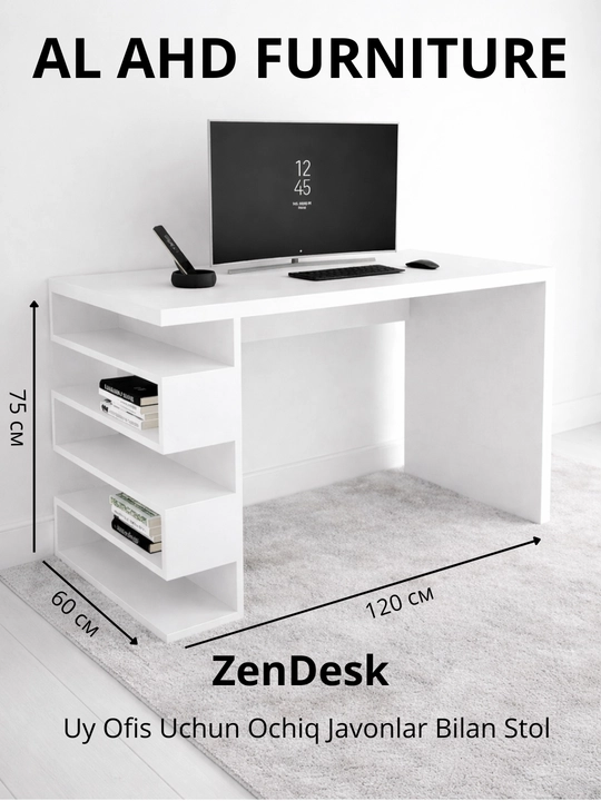 ZenDesk - uyda va ofisda ishlash uchun ochiq tokchali minimalistik kompyuter stoli - 
