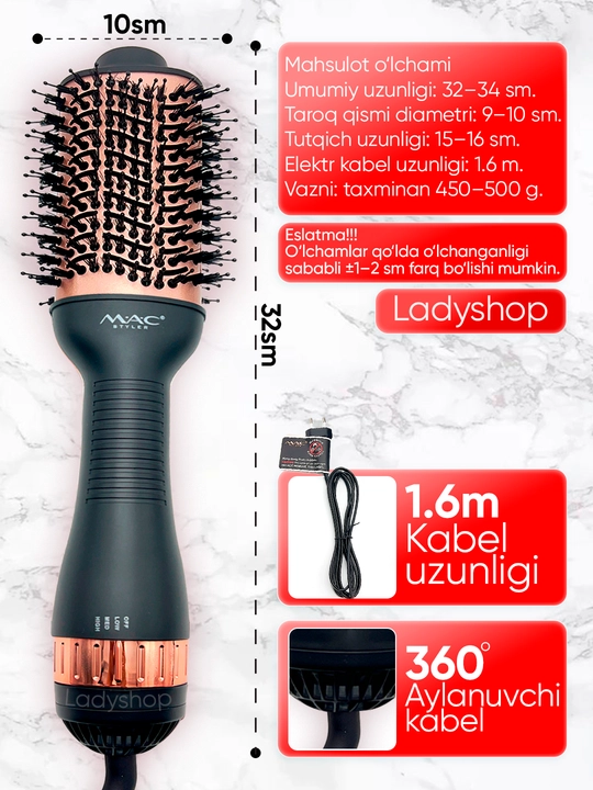 Fen-taroq MAC Styler, soch quritgich-cho‘tka, fen cho‘tka, soch turmaklagich, 3 rejim