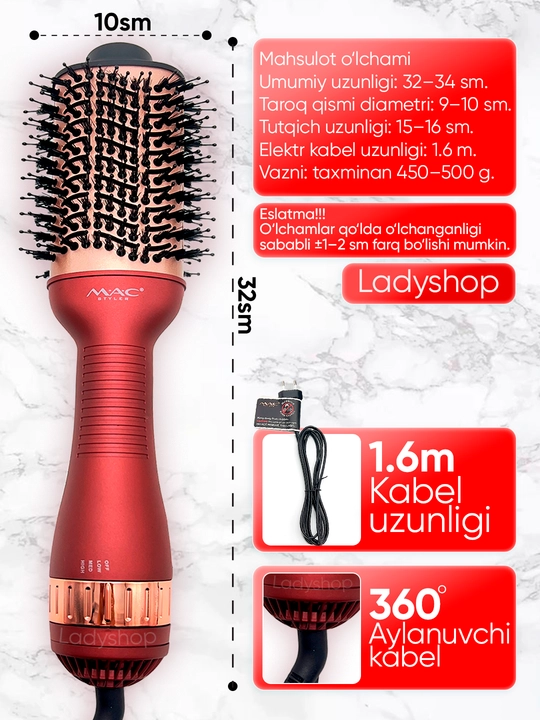 Fen-taroq MAC Styler, soch quritgich-cho‘tka, fen cho‘tka, soch turmaklagich, 3 rejim