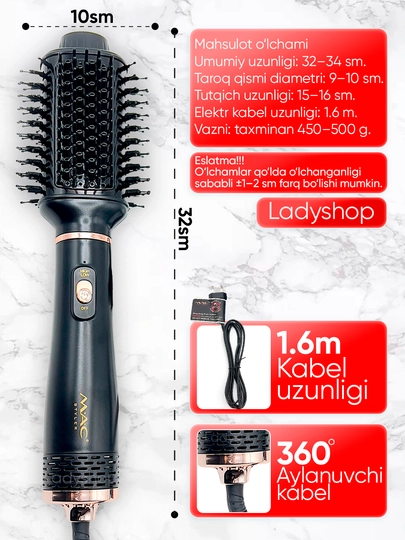 Fen-taroq MAC Styler, soch quritgich-cho‘tka, fen cho‘tka, soch turmaklagich, 3 rejim