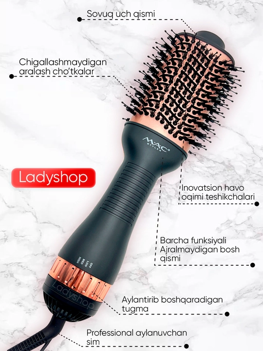 Fen-taroq MAC Styler, soch quritgich-cho‘tka, fen cho‘tka, soch turmaklagich, 3 rejim