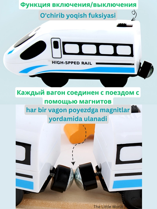 O'yinchoq elektr poyezdi, temir yo'l va mashinalar, yog'ochdan