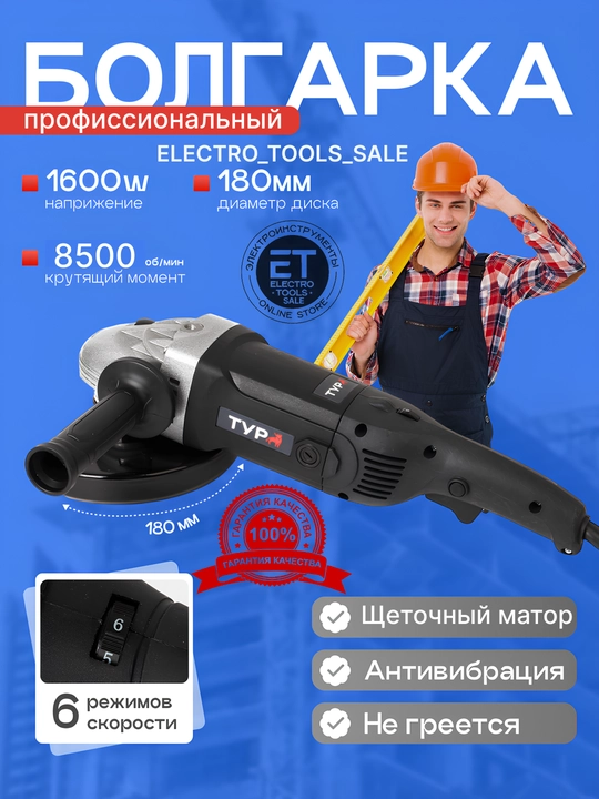 Болгарка угловая, шлифовальная машина, 180 мм с регулировкой - 