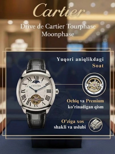 Cartier Drive de Cartier Moon мужские механические часы, в классическом стиле, с эко-кожи — ASIAWAT-CARTIERQORAOQ-ЧЕРНСТЕ