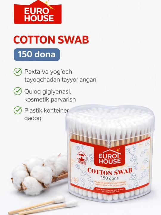 Quloq tozalagichlari 150 dona, paxta tayoqchasi, yog'och tayoqcha, quloq gigienasi, kosmetik parvarish - 