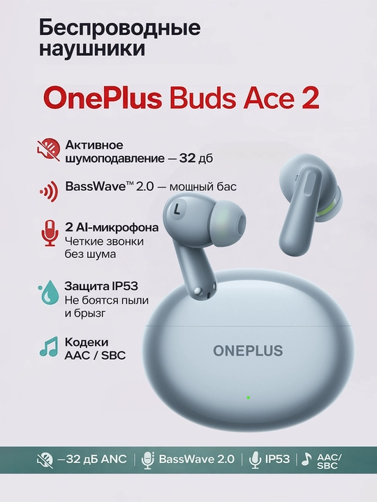 Simsiz naushniklar Oneplus Buds Ace 2, ANC -32db, Basswave 2.0, 2ta Ai mikrofon, IP53 - 