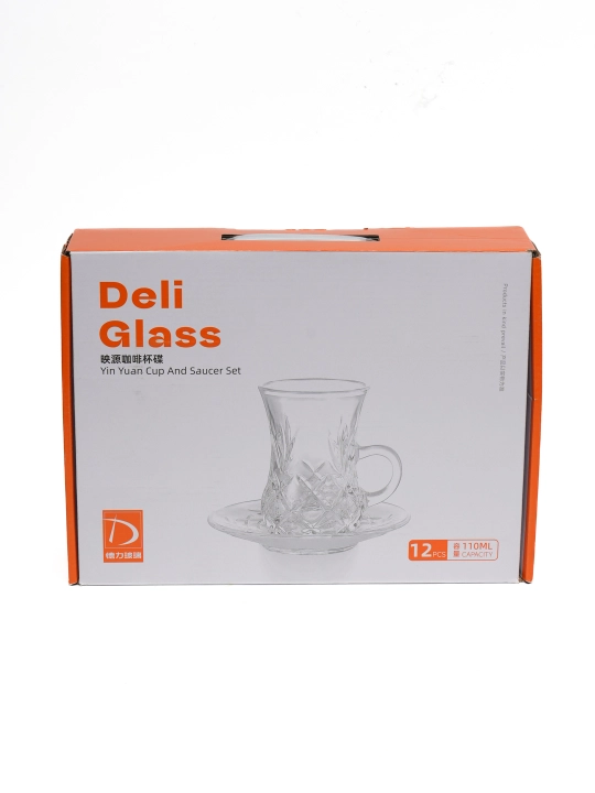 Deli Glass likopchalari bilan shisha choy stakanlari to‘plami, 12 ta buyum (110 ml)