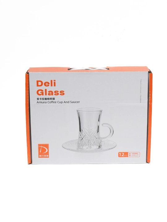 Deli Glass likopchalari bilan shisha choy stakanlari to‘plami, 12 ta buyum (110 ml)