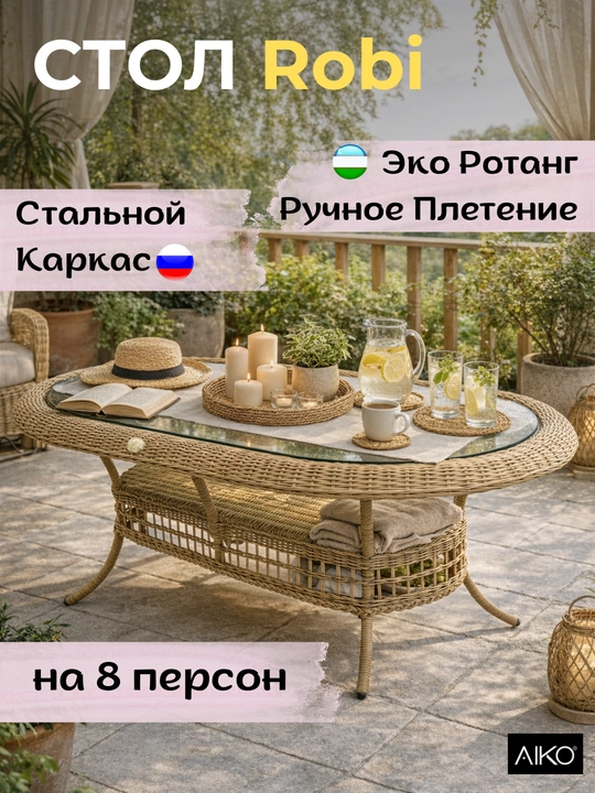 Bog‘ stoli AIKO Robi, ovqatlanish uchun stol, 8 kishilik, eko-rotang, bog‘ mebellari - 