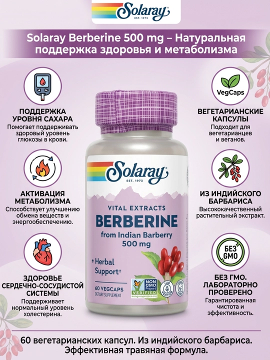 Берберин Solaray Berberine 500 мг, растительный экстракт, 60 капсул - 
