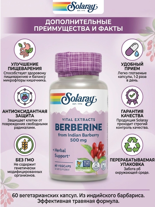 Solaray Berberine 500 mg — o‘simlik ekstrakti, 60 kapsula