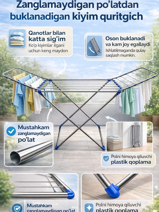 Zanglamaydigan po‘latdan yasalgan buklanadigan kiyim quritgich - 