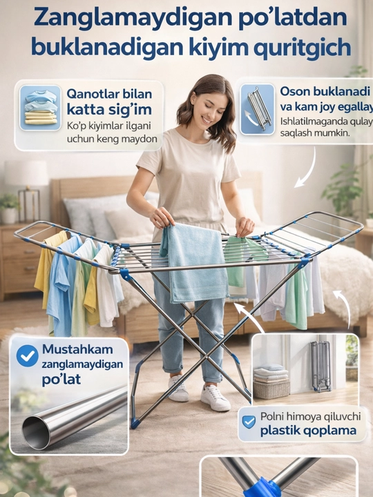 Zanglamaydigan po‘latdan yasalgan buklanadigan kiyim quritgich