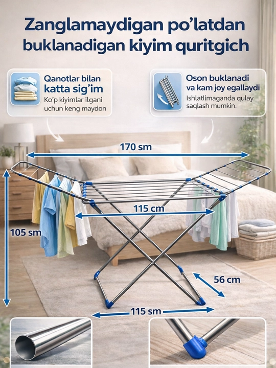 Zanglamaydigan po‘latdan yasalgan buklanadigan kiyim quritgich