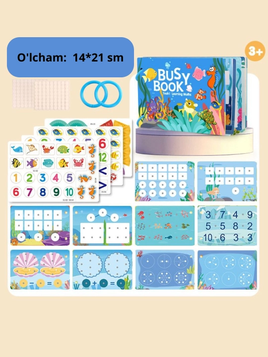 Bolalar uchun o'quv kitobi va alifbosi Busybook, lipuchkali Montessori kitobi