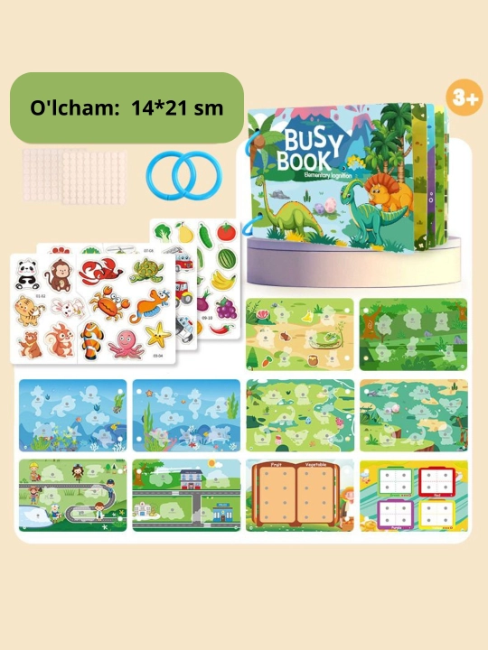 Bolalar uchun o'quv kitobi va alifbosi Busybook, lipuchkali Montessori kitobi