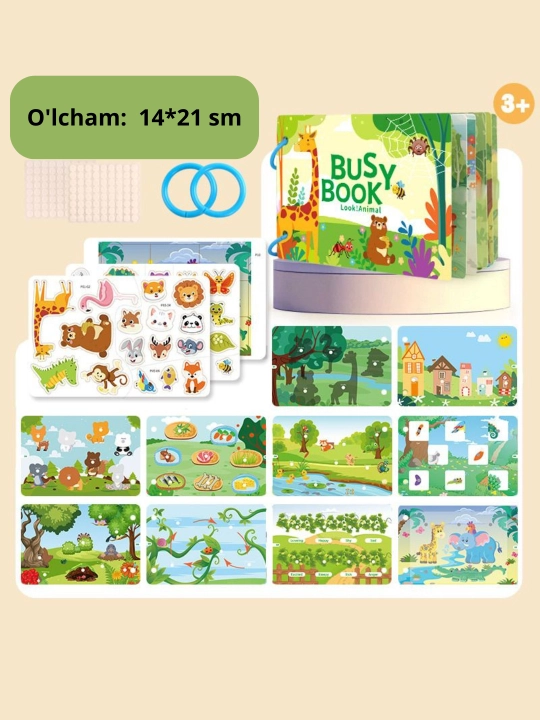 Bolalar uchun o'quv kitobi va alifbosi Busybook, lipuchkali Montessori kitobi