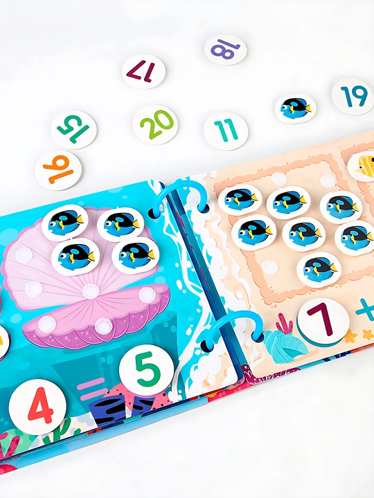 Bolalar uchun o'quv kitobi va alifbosi Busybook, lipuchkali Montessori kitobi
