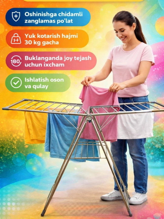 Buklanadigan metall kiyim quritgich — stoykali, qanotli, mustahkam va ixcham dizayn