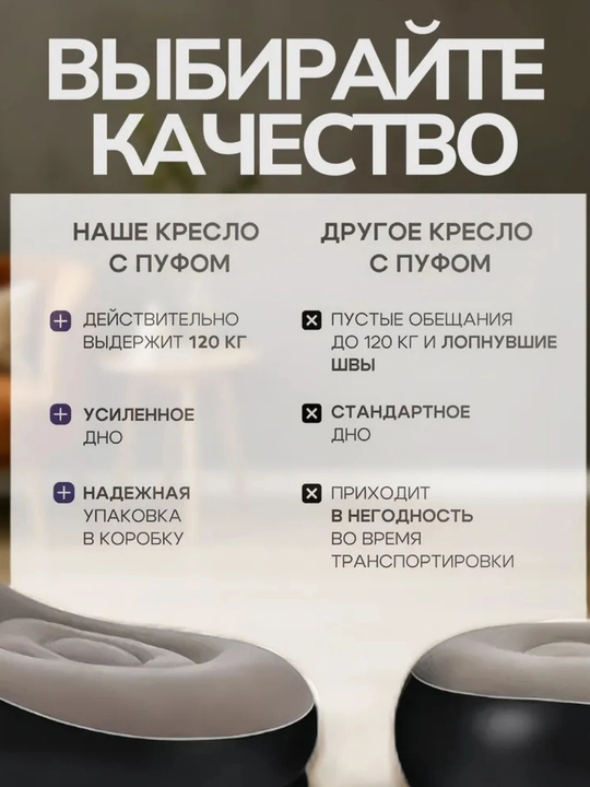 Бескаркасное кресло мешок 2 в 1, надувной портативный с пуфом складной диван, до 120 кг