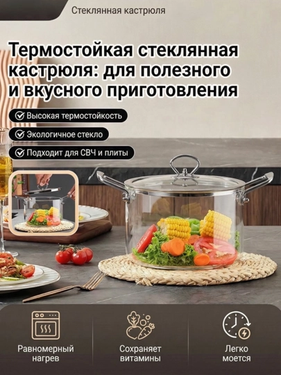 Термостойкая стеклянная кастрюля с крышкой для плиты и СВЧ