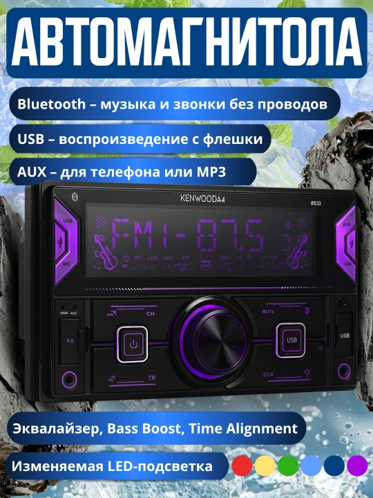 Автомагнитола Kenwood A4 с Bluetooth, USB, AUX и LED-подсветкой, 4×60Вт - 