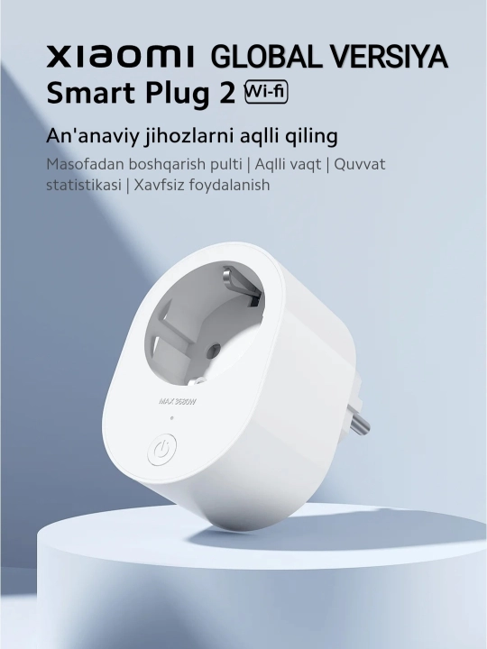 Smart rozetka Xiaomi Smart Plug 2, Wi-Fi, Mi home orqali boshqarish, global versiya - 
