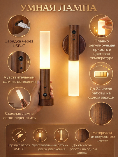 Harakat datchigi bilan simsiz devoriy LED tungi chiroq, magnitli mahkamlash, USB - 