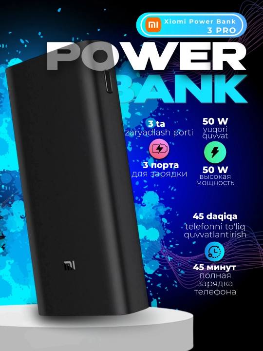 Xiaomi Power Bank tashqi akkumulyatori, 20000mA/soat, Type C - USB kabeli bilan - 