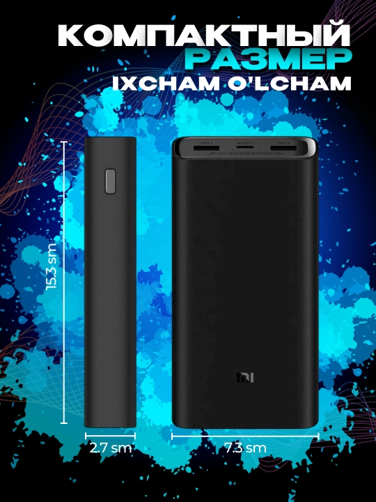 Xiaomi Power Bank tashqi akkumulyatori, 20000mA/soat, Type C - USB kabeli bilan