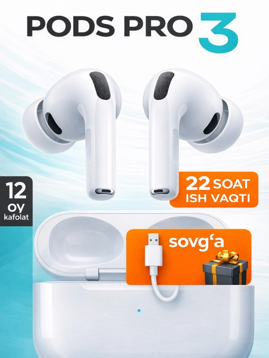 iPhone va Android uchun simsiz Pods Pro 3 quloqchinlari, sensorli - 
