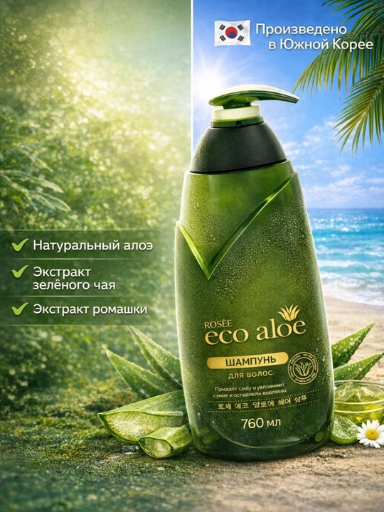 Rosee Eco Aloe Namlovchi Shampun, barcha turdagi sochlar uchun, 760 ml