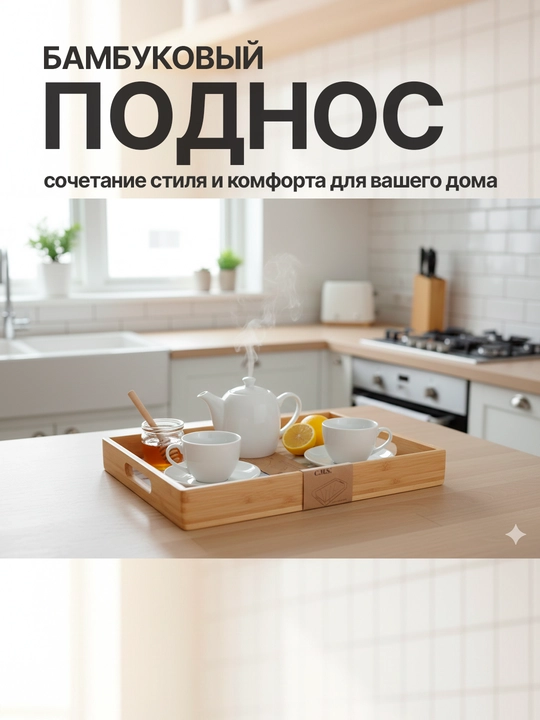 Стильный поднос с мраморным принтом и бортиками из натурального бамбука - 
