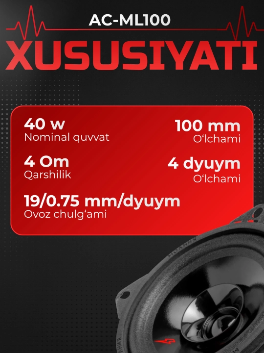 Avtomobil akustikasi Ural AC-ML100 4 dyuym, kolonkalar, 10 sm, 40W, 4 Ohm