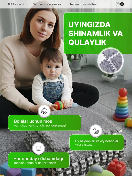 Yumshoq yig‘ma EVA gilamcha 30×30 sm – bolalar va uy uchun, to‘plamda 12 dona