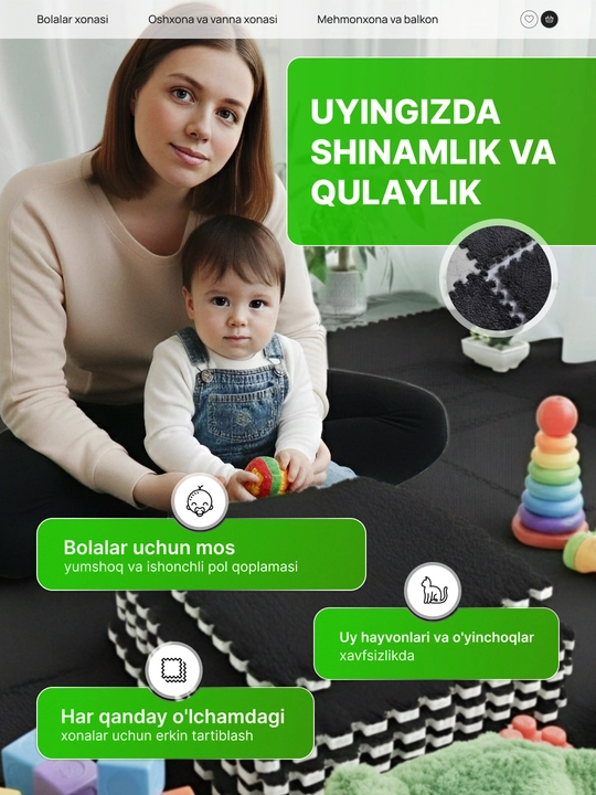 Yumshoq yig‘ma EVA gilamcha 30×30 sm – bolalar va uy uchun, to‘plamda 12 dona