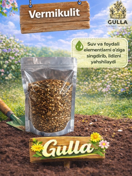 "Gulla" vermikuliti, tuproqni yumshatadi, namlikni ushlaydi, saralangan, 4litr - 