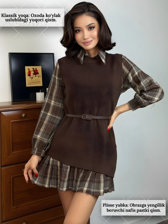 Ko‘ylaklar: mavsumiy flanel ko‘ylak-ko‘ylak+to‘qilgan jaket, tasma, 42-48 standarti