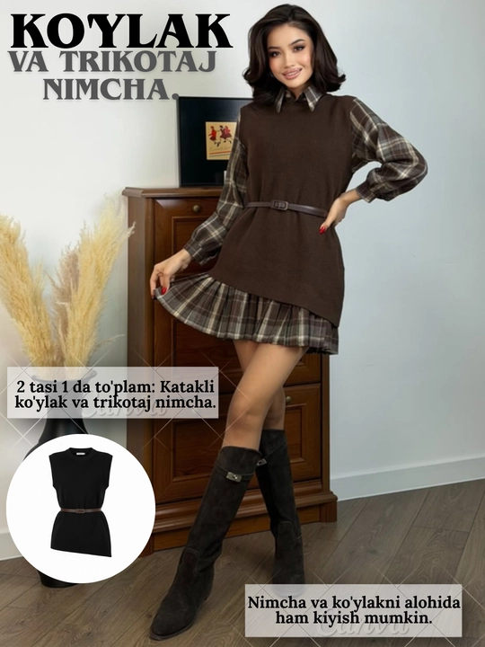 Ko‘ylaklar: mavsumiy flanel ko‘ylak-ko‘ylak+to‘qilgan jaket, tasma, 42-48 standarti