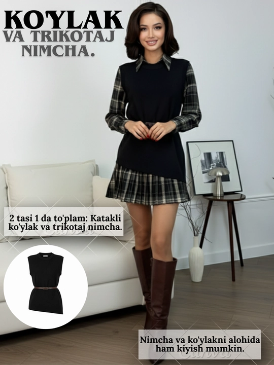 Ko‘ylaklar: mavsumiy flanel ko‘ylak-ko‘ylak+to‘qilgan jaket, tasma, 42-48 standarti